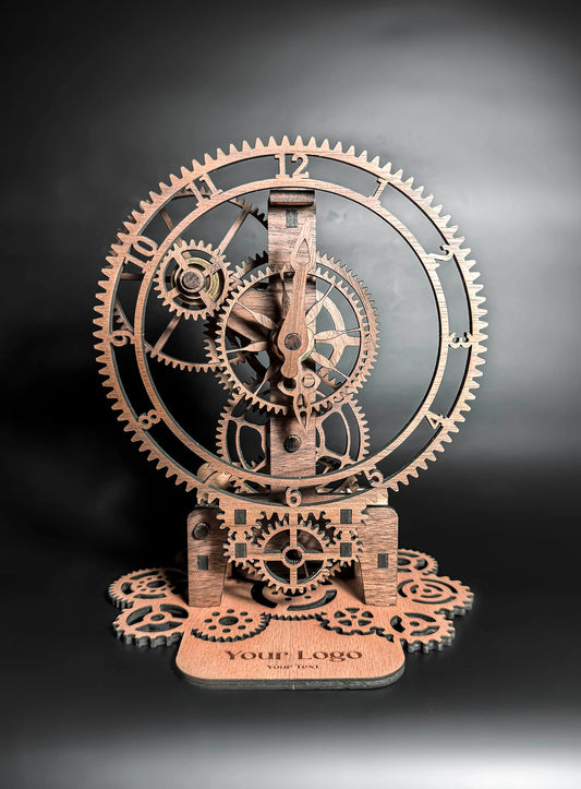 Wooden gear clock with customizable logo on a dark background