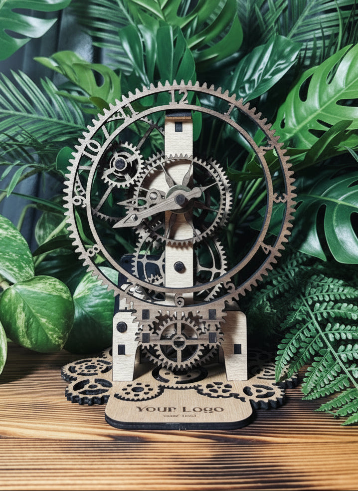Real working wooden clock on a wooden surface with plants in the background